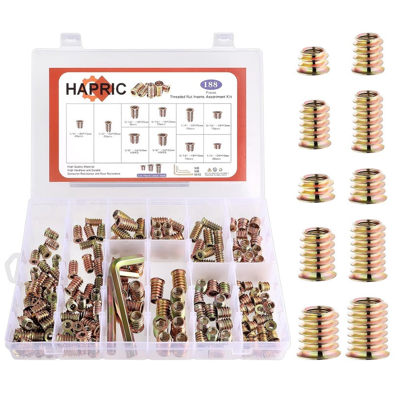 Hapric 191 PCS Threaded Inserts for Wood, 1/4"-20, 5/16"-18, 3/8"-16 Threaded Wood Inserts Furniture Screw Assortment, Wood Threaded Inserts with Hex Wrench - Image 1